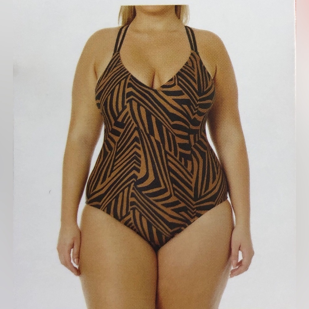 Hurley Black and Brown One Piece Swimsuit with Bold Pattern Size L